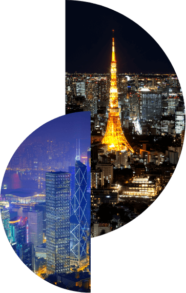 A comparison of two iconic cityscapes: Tokyo and Hong Kong, both illuminated at night.