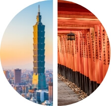 A split image showing Taipei 101, a tall skyscraper in Taiwan, on the left side, and a row of red torii gates, a traditional Japanese structure, on the right side.