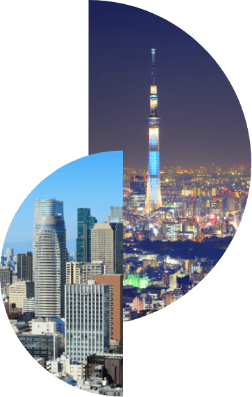 A photo of Tokyo's skyline split in half. On the left, a bright blue sky with modern skyscrapers. On the right, a dark night sky with the Tokyo Skytree illuminated and the city lights below.